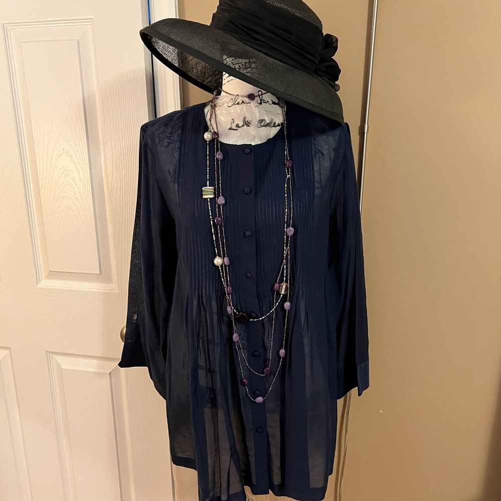 Lafayette 148 Voile Pleated Button Front Top 3/4 Sleeve Cotton Silk -Navy 12